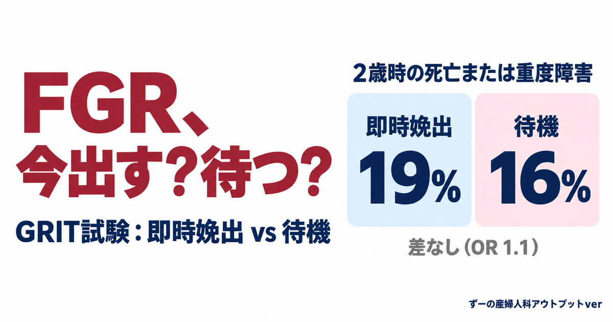 FGR、今出す？待つ？ GRIT試験：即時娩出 vs 待機（2歳時の死亡または重度障害 19% vs 16%、差なし）