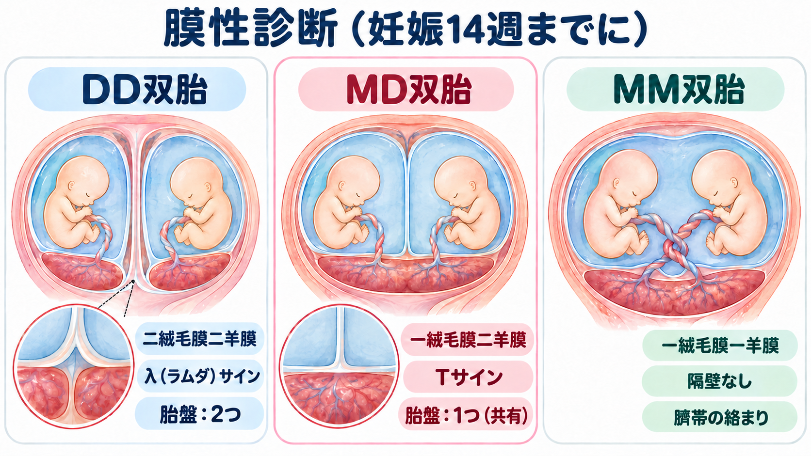 膜性診断(妊娠14週まで):DD双胎(二絨毛膜二羊膜、λサイン、胎盤2つ)、MD双胎(一絨毛膜二羊膜、Tサイン、胎盤1つ共有)、MM双胎(一絨毛膜一羊膜、隔壁なし、臍帯の絡まり)の模式図